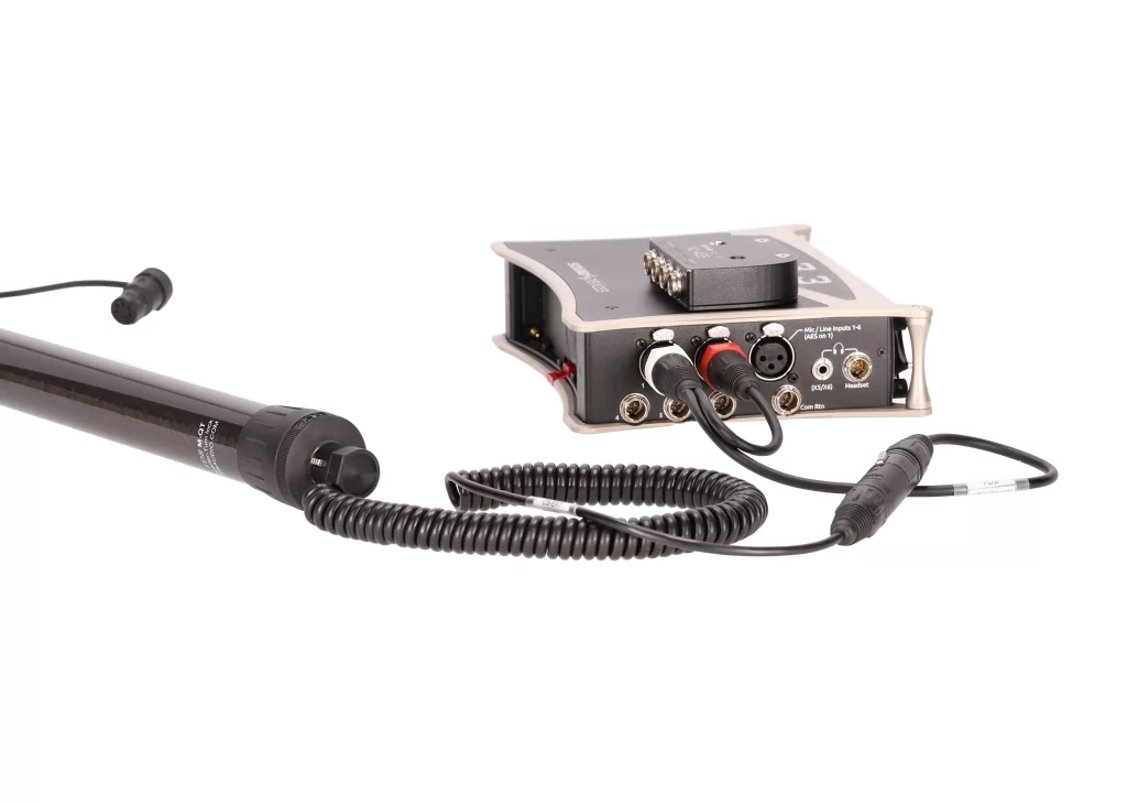 VDB BOOMPOLES BOOM-MIX cable mounted on SOUND DEVICES mixer